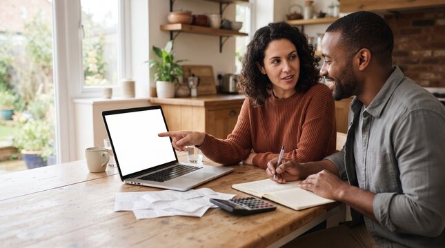 A man and a woman collaborate around a kitchen table, pointing at a laptop screen while reviewing documents, symbolizing shared responsibility and planning.