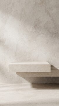 Minimalist podium in neutral tones with soft natural light and shadow play, perfect for showcasing products or design elements.