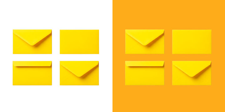 Bright yellow envelopes arranged on white and orange split dual tone backdrop transparent png