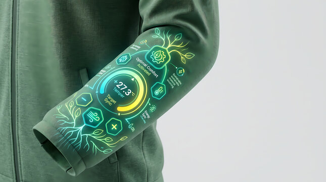 Isometric 3D smart clothing jacket sleeve with optimal comfort UI and eco-energy target sync