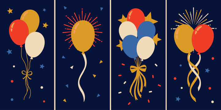 Set of four flat featuring colorful balloons and festive fireworks celebration party