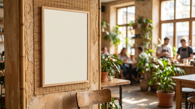 Empty advertising wall poster mockup in cafe with rustic wooden interior