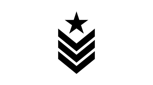 Military rank insignia icon with three chevrons and a star, minimalist vector graphic.