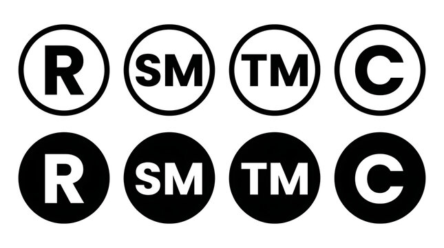 Set of intellectual property symbols including registered trademark and copyright icons.