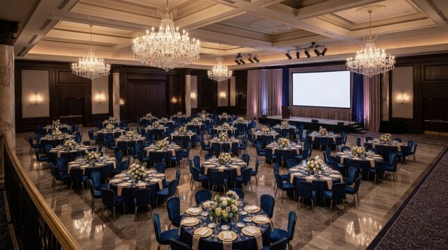 Large luxury ballroom set up for a formal gala dinner event with round tables and a projector screen in a modern hotel banquet hall