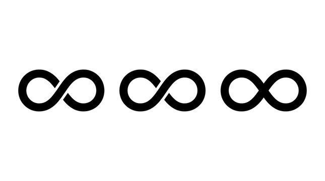 Three black infinity symbols in a row, minimalist vector icon set for endless concepts.
