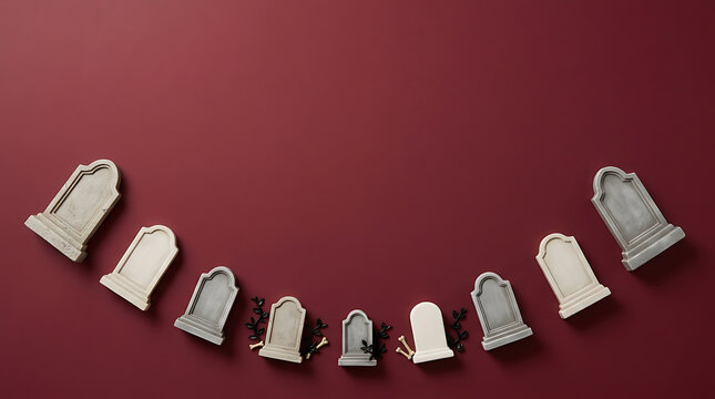 Halloween 3D graveyard background with miniature tombstones on a dark red surface