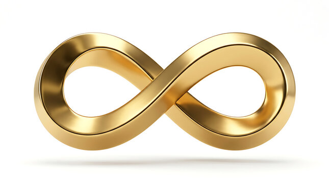 Polished 3D gold infinity symbol shaped as a Mobius strip on a clean white background