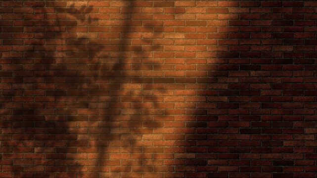Sunlight and swaying leaf shadows drift across a rustic red brick loft wall, warm window light with copy space, seamless looping background