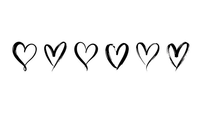 Six hand drawn heart icons in a horizontal row isolated on a white background