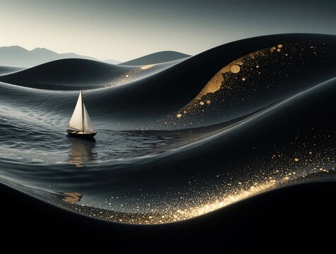 Small white sailboat navigates dark charcoal ocean waves. Abstract landscape features black liquid hills with shimmering gold dust particles. Minimalist scene shows lone boat on deep wavy sea against