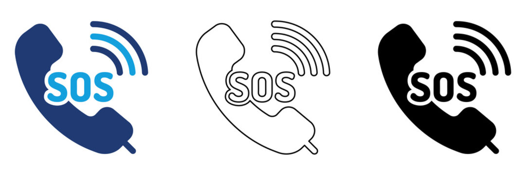 Multicolor Emergency SOS Call Icon Set with Filled and Outline Styles for Distress Alerts Emergency Communication Safety Assistance and Crisis Response Isolated on Transparent Background
