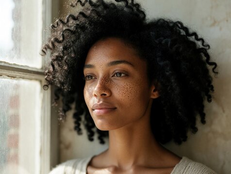 Woman with freckles and curly hair looks out window. Soft natural light illuminates her face, revealing detailed skin texture. Peaceful, authentic portrait.