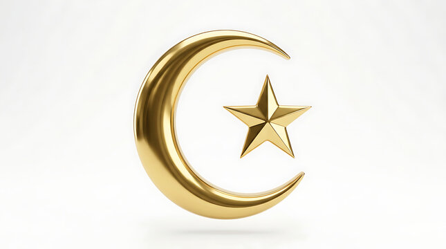 Glossy golden crescent moon and star 3D render for Islamic holiday and religious design