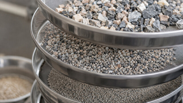 Metal sieves with mineral ore sorting stones by size in laboratory. Critical minerals processing and geological analysis. Mining industry material testing and rock separation concept.