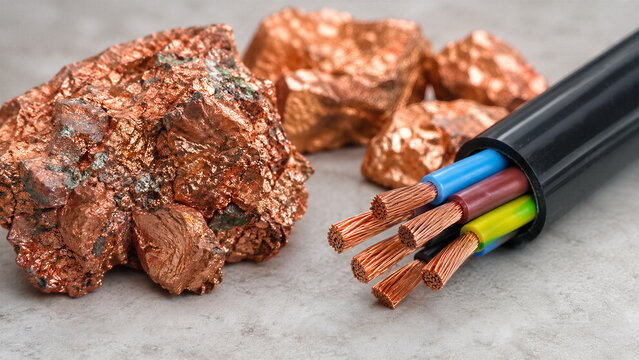 Copper ore rocks and electrical cable with copper wires on stone background. Critical mineral for electric industry. Natural resource mining and metal conductor concept