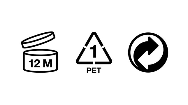 Set of black vector packaging symbols including PAO 12M, PET 1 recycling and green dot.