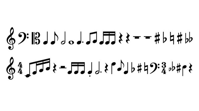 Black musical notation symbols and music notes set for composition and theory design