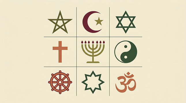 Flat vector illustration of world religious symbols arranged in a grid layout