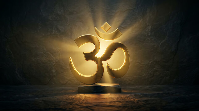 Golden Om symbol glowing with divine light in a minimalist 3D spiritual background.