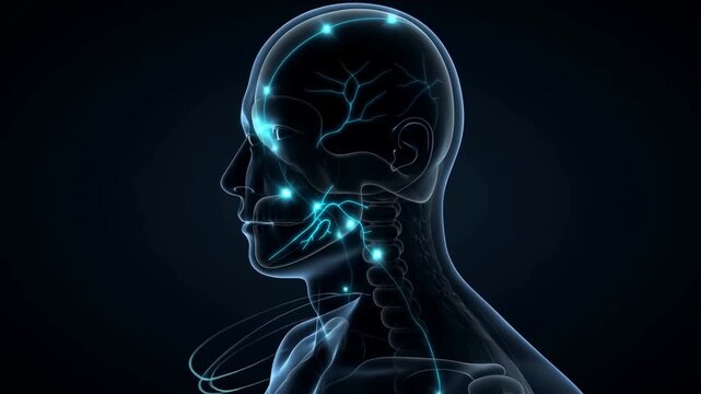 Human head anatomy with glowing nerves in side profile on dark medical background