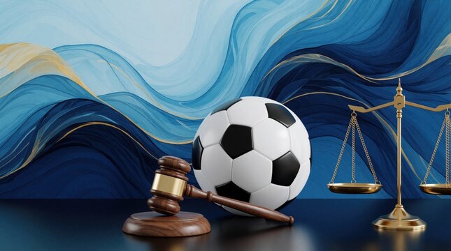 Soccer ball, gavel, and scales of justice symbolize sports law and fair play. Legal concepts in football and competition are represented in this abstract composition.