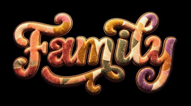 3D Cursive Family Script Typography with Plush Velvet Texture and Gold Trim