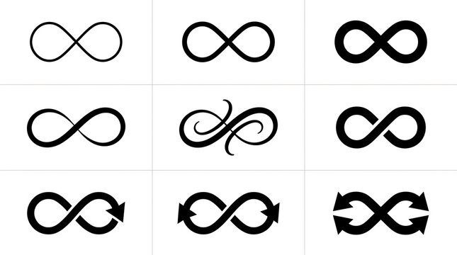 Set of nine black infinity symbol icons in a minimalist grid design