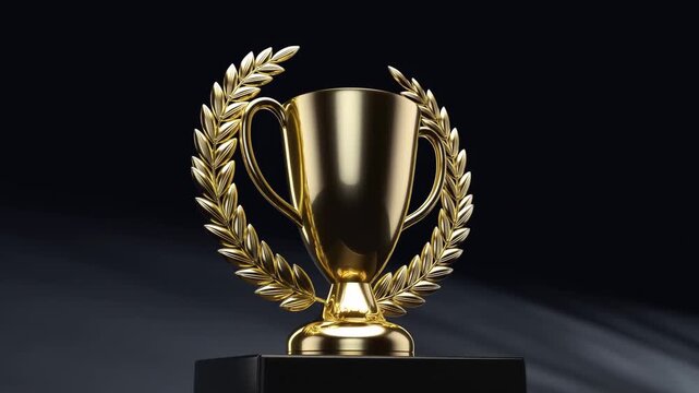 Golden trophy with laurel wreath displayed on black pedestal against dark background