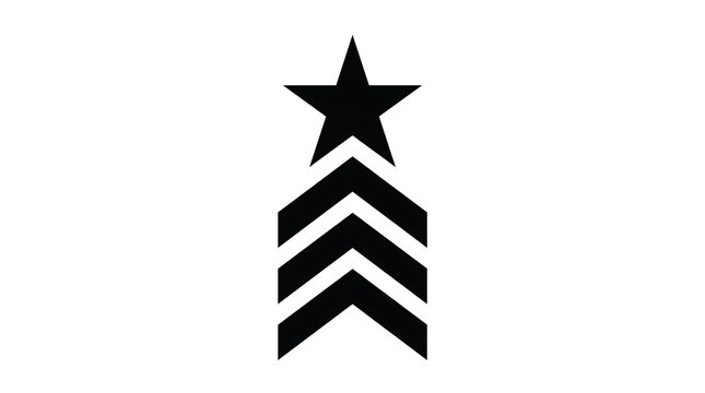 Minimalist black military rank insignia icon with star and three chevrons vector graphic
