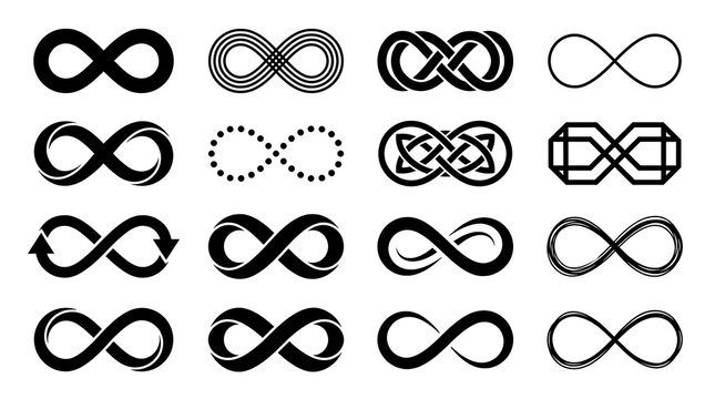 Collection of twelve black infinity icons and eternal loop symbols in a grid layout
