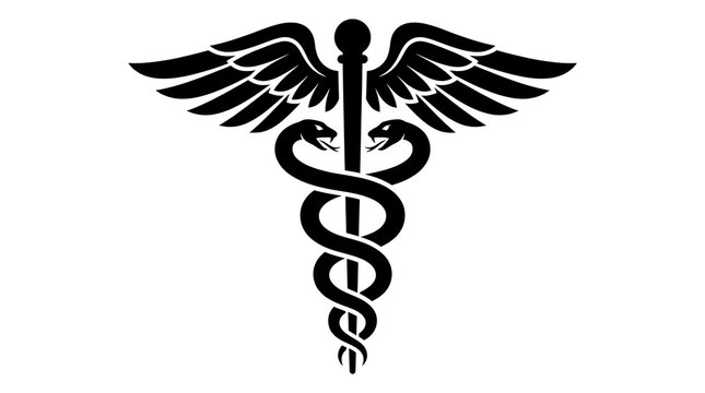 Black Caduceus symbol icon, medical staff with wings and snakes isolated on white background.
