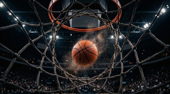 Orange basketball falling through a hoop seen from a low angle inside a dark professional arena with bright spotlights and a blurred crowd.