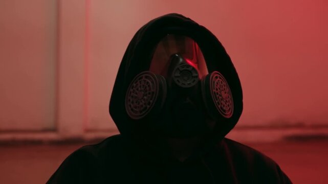 Hooded person wearing gas mask in redlit room, facing forward in stillness