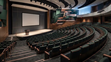 Naklejka premium Modern empty conference hall with rows of seats and a stage for professional business presentations and corporate events