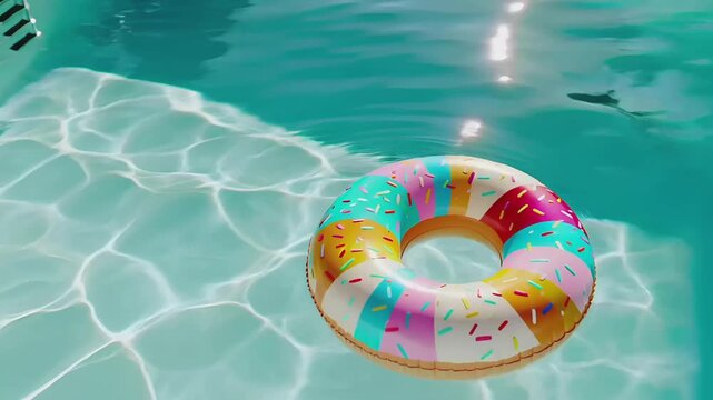 Summer hot vibe lifestyle. A vivid, highresolution photograph of a swimming pool. A brightly colored donutshaped inflatable ring floats in the clear, turquoise water.