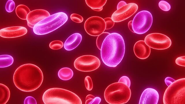 Red and magenta blood cells drift through a deep crimson fluid environment, rotating and passing across the frame with glowing edges, soft depth, and layered microscopic composition