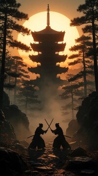 Two samurai duel with katanas at dawn. Silhouette of warriors fighting on path near ancient pagoda tower. Large sun rises behind traditional temple in misty forest. Martial arts battle in feudal