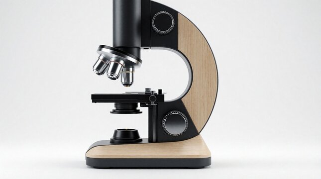 Modern microscope with wood accents and metal parts. Scientific research tool. Detailed object on white background. For labs education healthcare.