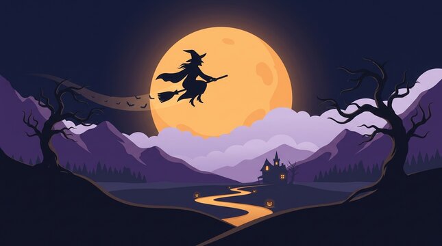 Witch flying on a broomstick across a giant full moon in a spooky night sky with dead tree