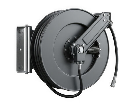 retractable air hose reel pneumatic industrial garage equipment isolated on transparent background