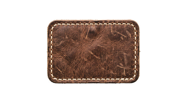 Rectangular brown leather patch with white stitched border isolated on white background transparent background