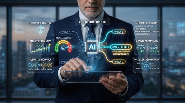 Businessman interacting with artificial intelligence digital dashboard and data analytics