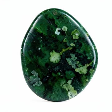 Deep green unpolished jadeite stone with mottled lighter patterns on white background for gemstone and mineral collections