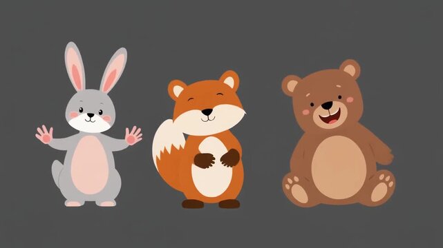 Cute forest animals including bunnies foxes and bears dancing in a playful rhythm
