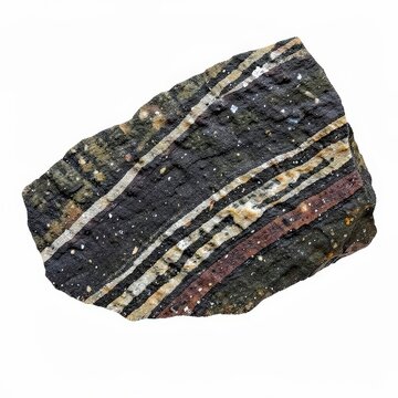 Split gneiss rock with distinct alternating dark and light mineral bands isolated on white background for geology and earth science