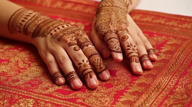 Henna decorated hands resting on ornate red and gold fabric in close view