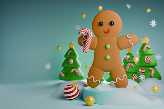 3D Christmas banner icon with cute gingerbread man holding candy cane on podium. Winter holiday card template with festive trees, snow and copy space on blue background.