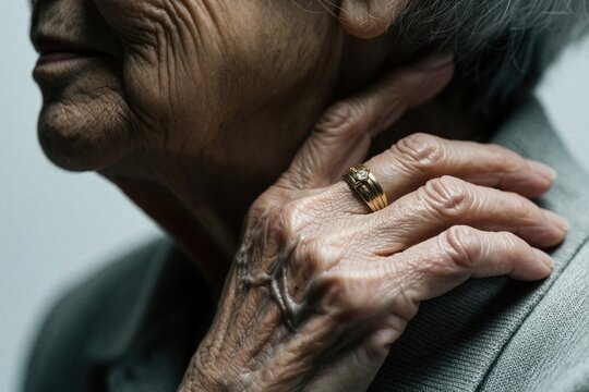 Close up of senior female hand with gold ring. Elderly woman touches neck with wrinkled skin. Mature person shows aged finger with jewelry. Detail of aging body, skin texture, precious metal ring on