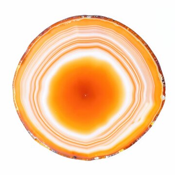 Polished orange agate slice with concentric bands and white accents isolated on white background